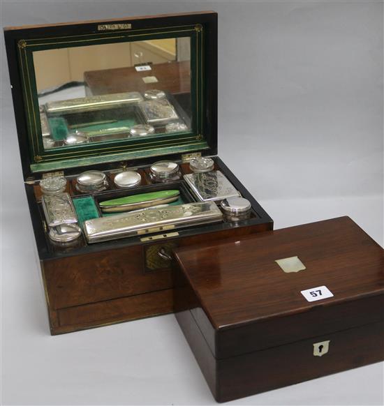 A Victorian walnut toilet box, with electroplate mounted jars and a rosewood box